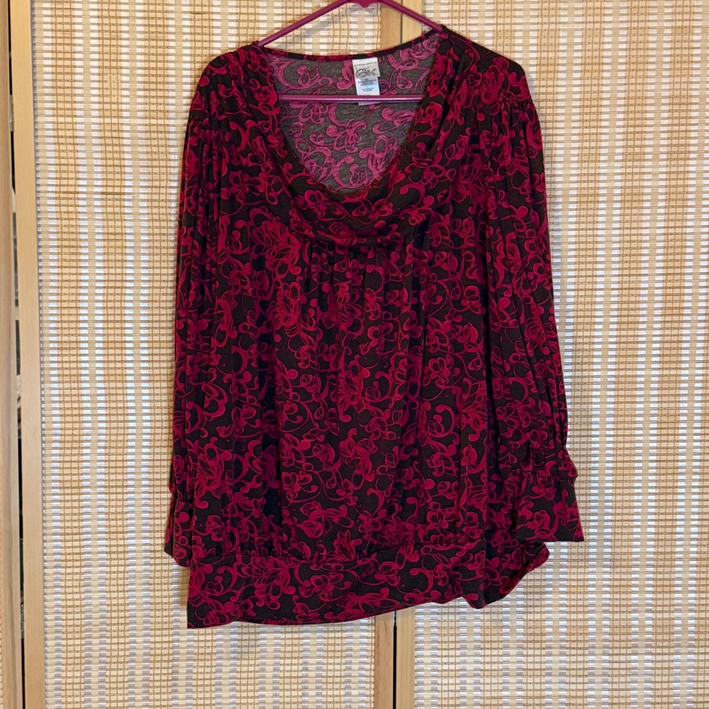 JMS Just My Size Cowl Neck Top 3X Ruby Stone Combo Swirl Scroll Long Sleeve